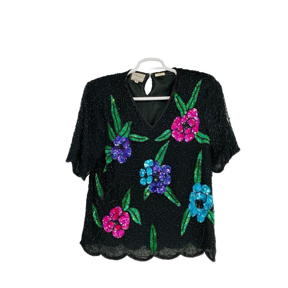 Vtg Stenay Blouse Shirt Top Beaded Black 100 Silk Sequined Floral M Women